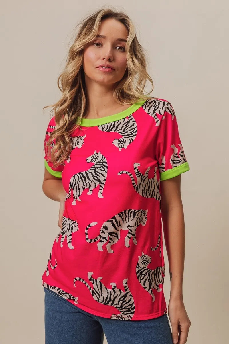 Big Tiger Print Jersey Contrast Ringer Top
