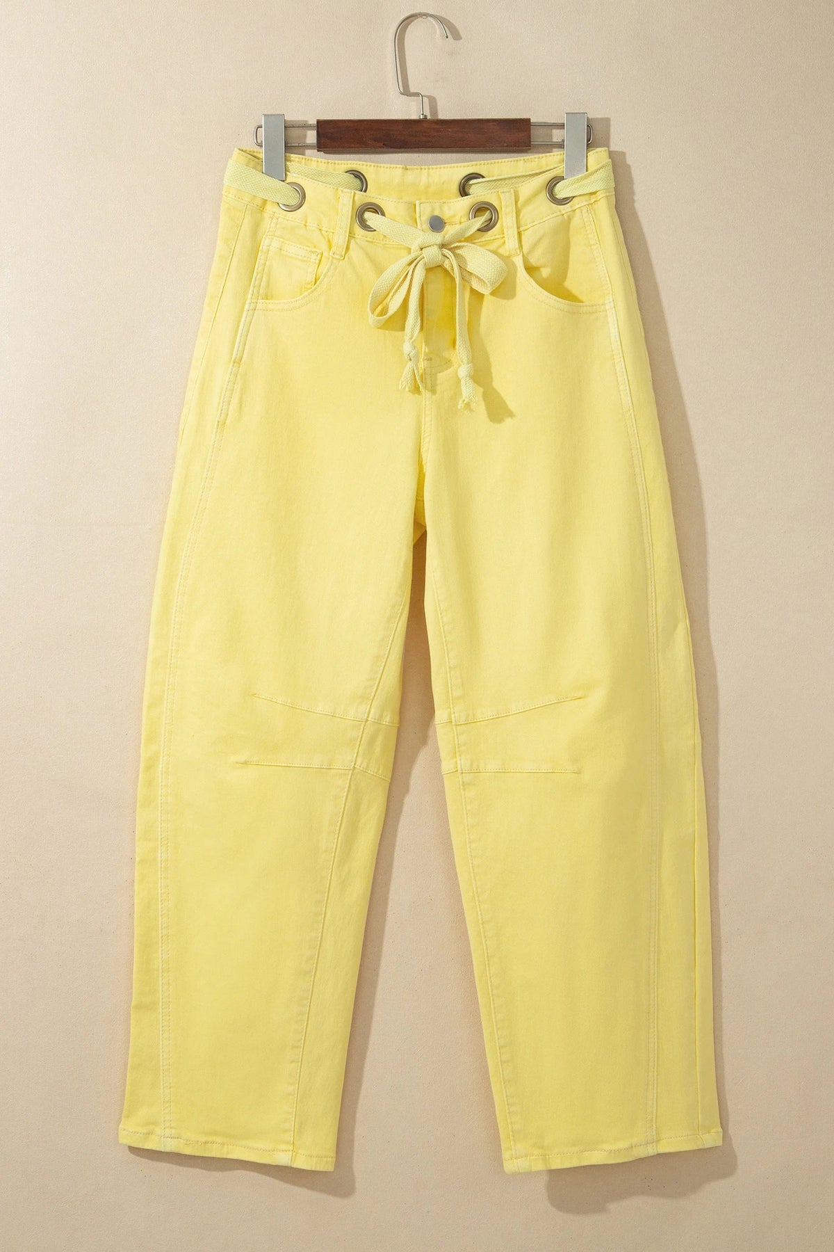 Solid Denim Grommet Tie Waist Barrel Leg Jeans