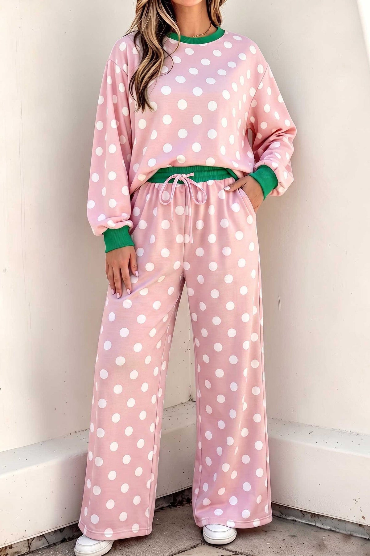 Pink Polka Dot Contrast Trim Long Sleeve Top Drawstring Shift Pants Set