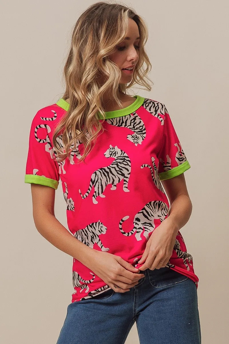 Big Tiger Print Jersey Contrast Ringer Top