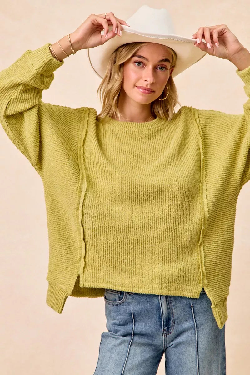 BiBi Boucle Rib Knit Uneven Hem Sweater With Open Seam