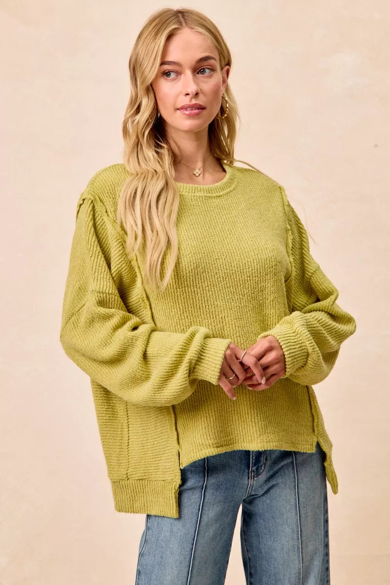 BiBi Boucle Rib Knit Uneven Hem Sweater With Open Seam