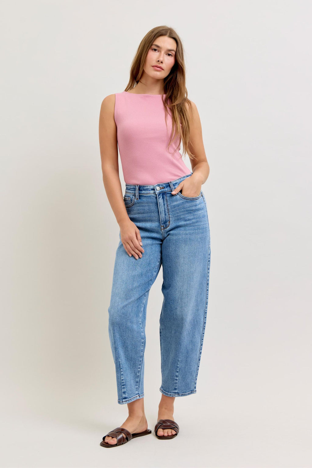 Judy Blue High Waist Barrel Leg Jeans with Front Darts & Back Yoke Detail