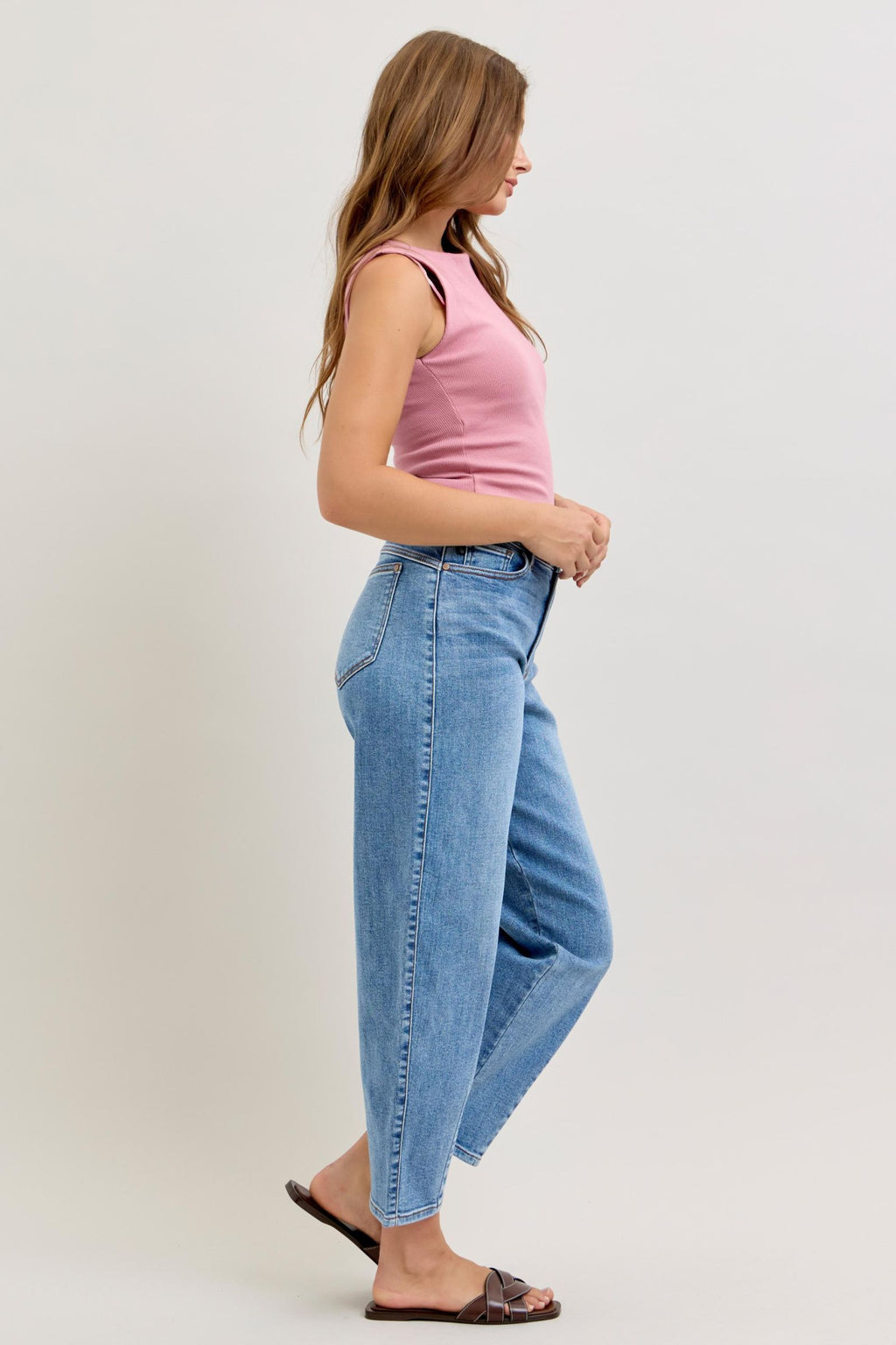 Judy Blue High Waist Barrel Leg Jeans with Front Darts & Back Yoke Detail