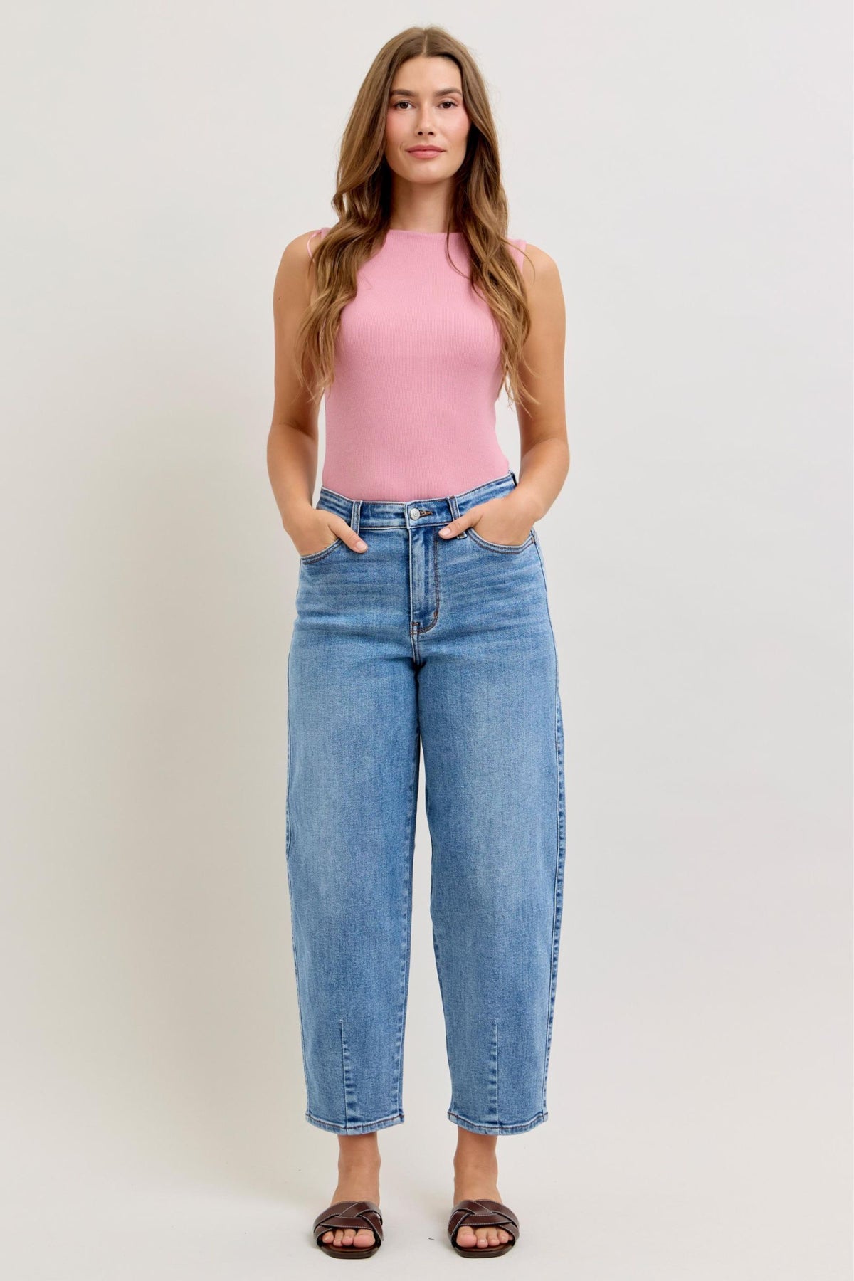 Judy Blue High Waist Barrel Leg Jeans with Front Darts & Back Yoke Detail