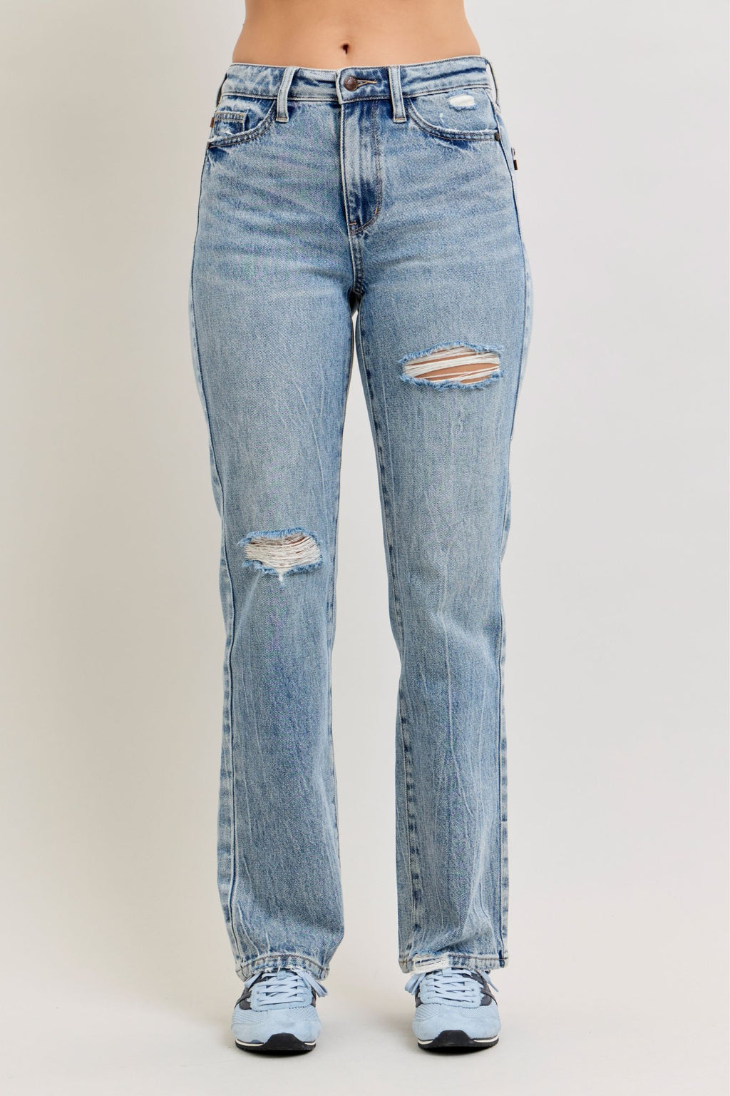 Judy Blue High Waist Light Wash Rigid Magic Slim Straight Jeans, Inseam 32"