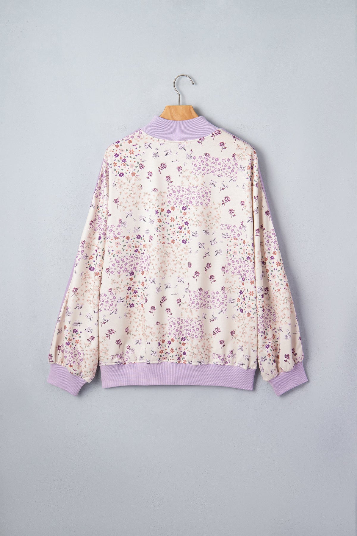Purple Floral Print High Neck Colorblock Sleeve Paneling Sweatshirt