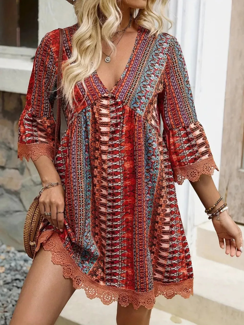 Lace Trim Printed V-Neck 3/4 Sleeve Dress