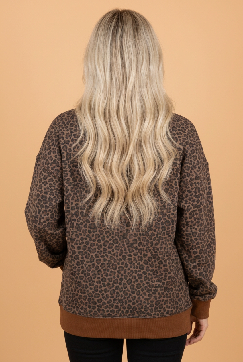 Leopard Mock Neck Ribbed Trim Sweatshirt