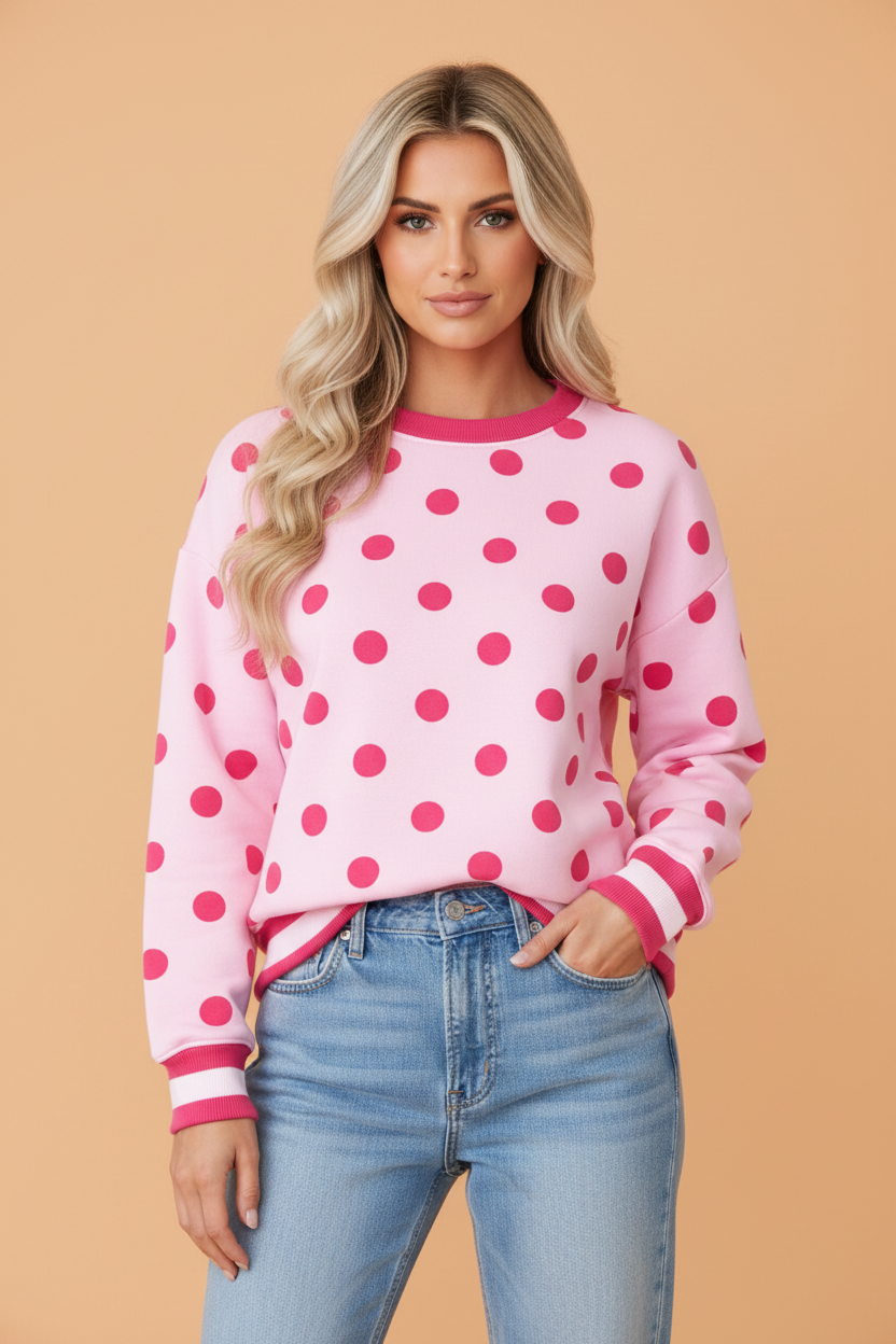 Polka Dot Colorblock Trim Round Neck Sweatshirt