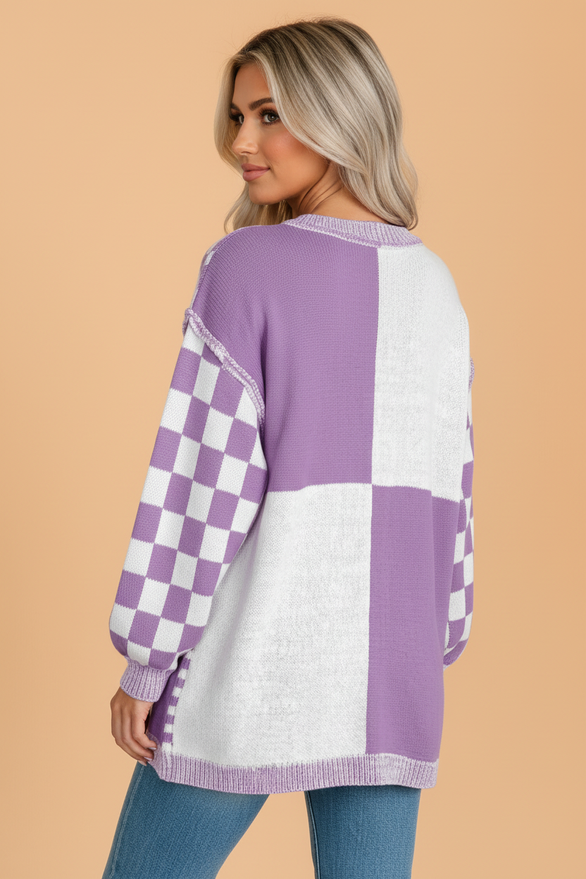 Checker Open Front Drop Shoulder Cardigan