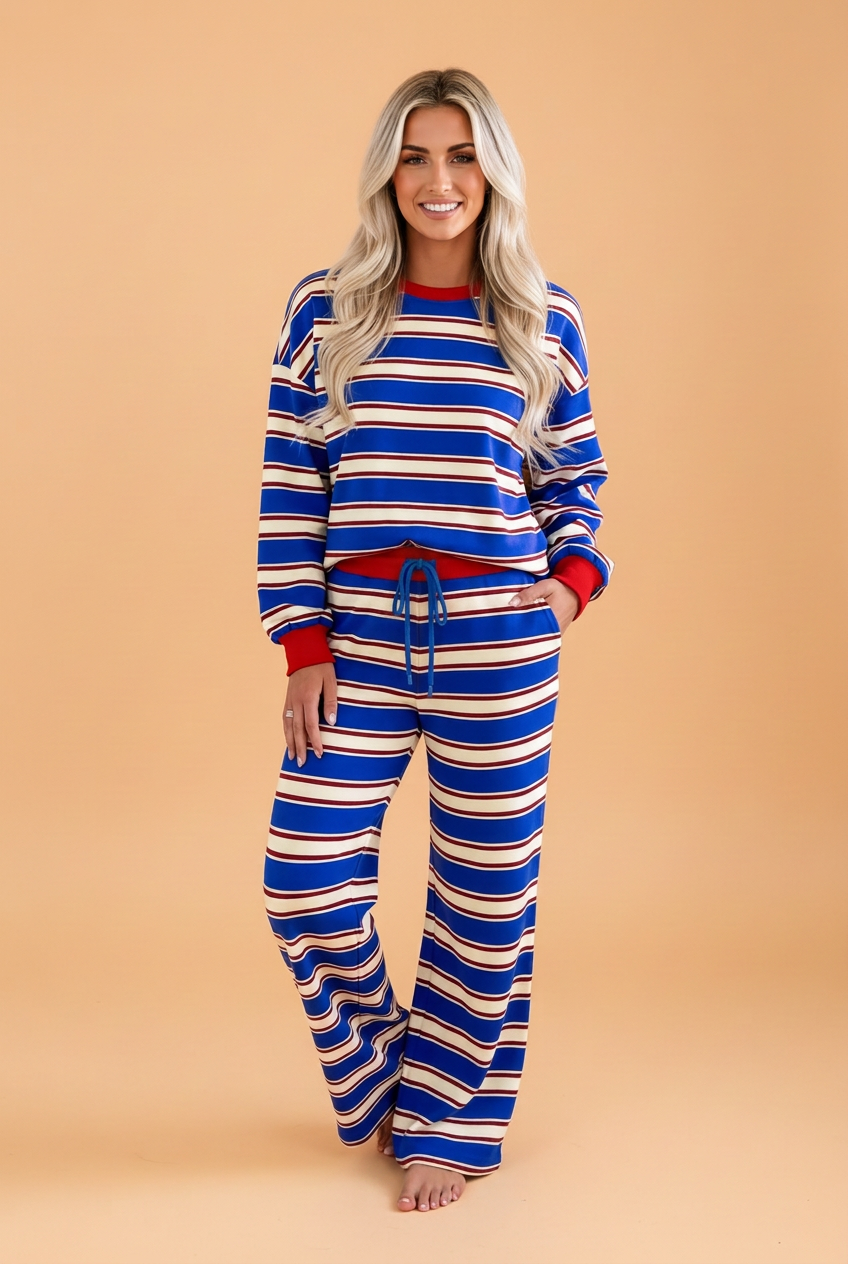 Stripe Contrast Trim Long Sleeve Top & Pants Set
