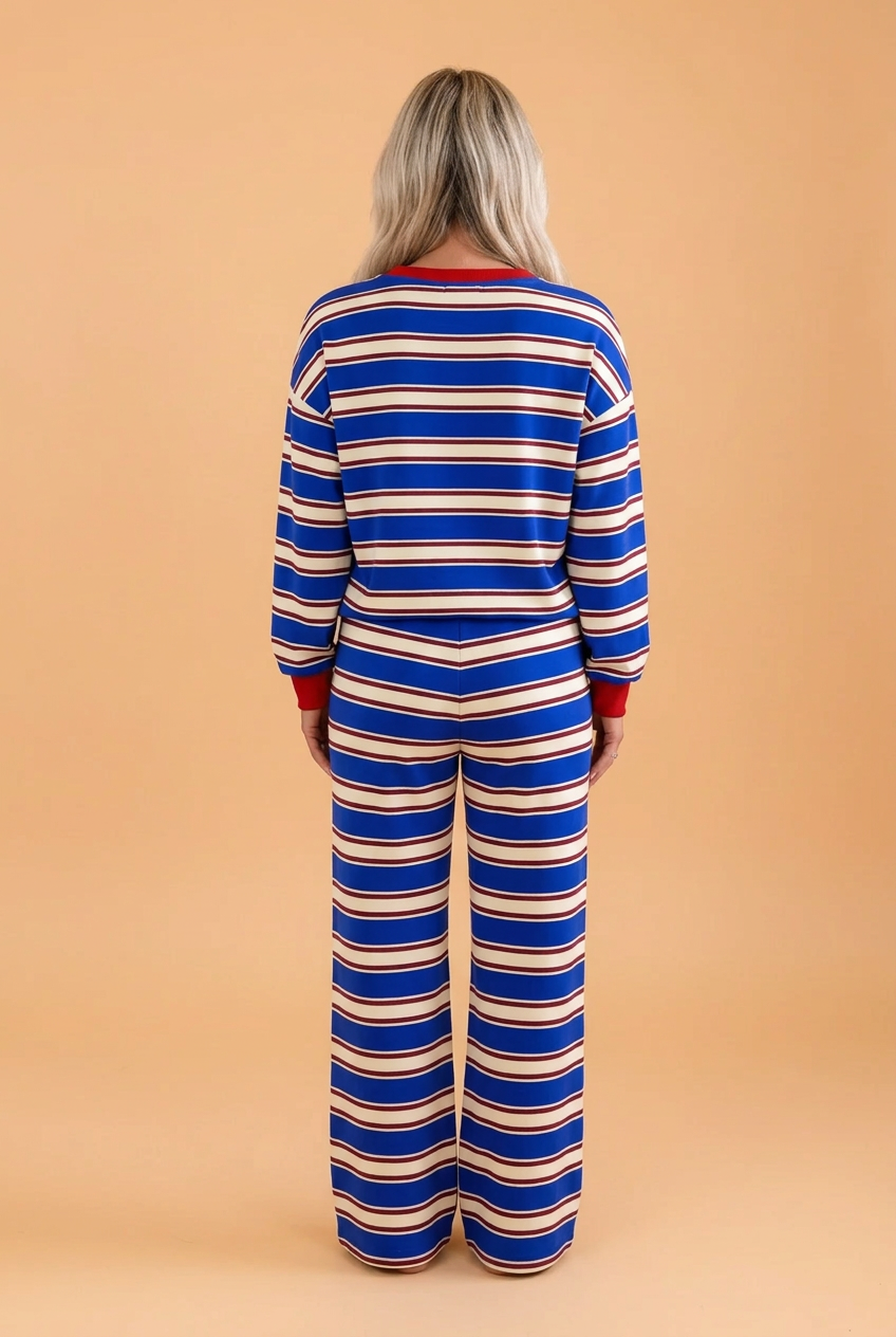 Stripe Contrast Trim Long Sleeve Top & Pants Set