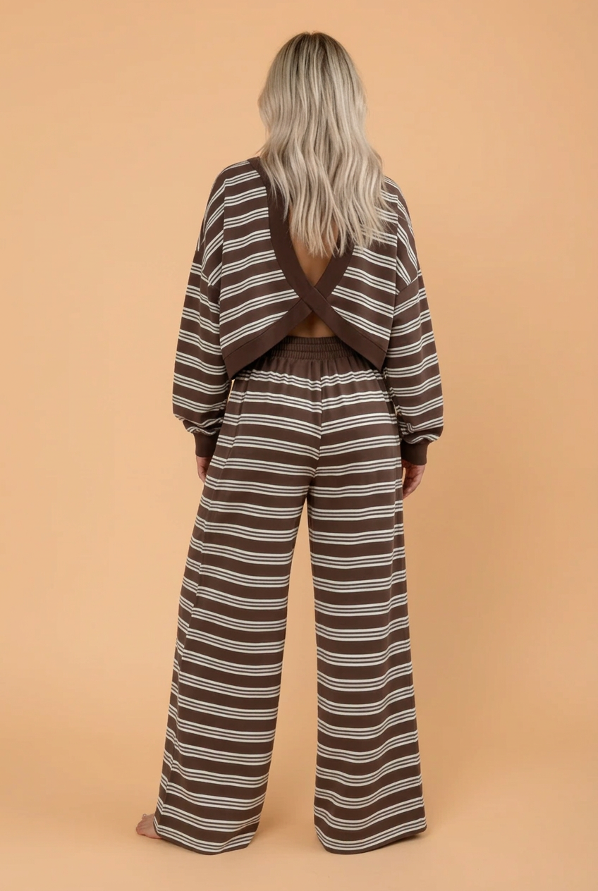 Stripe Back Cutout Top & Wide Leg Pants Set