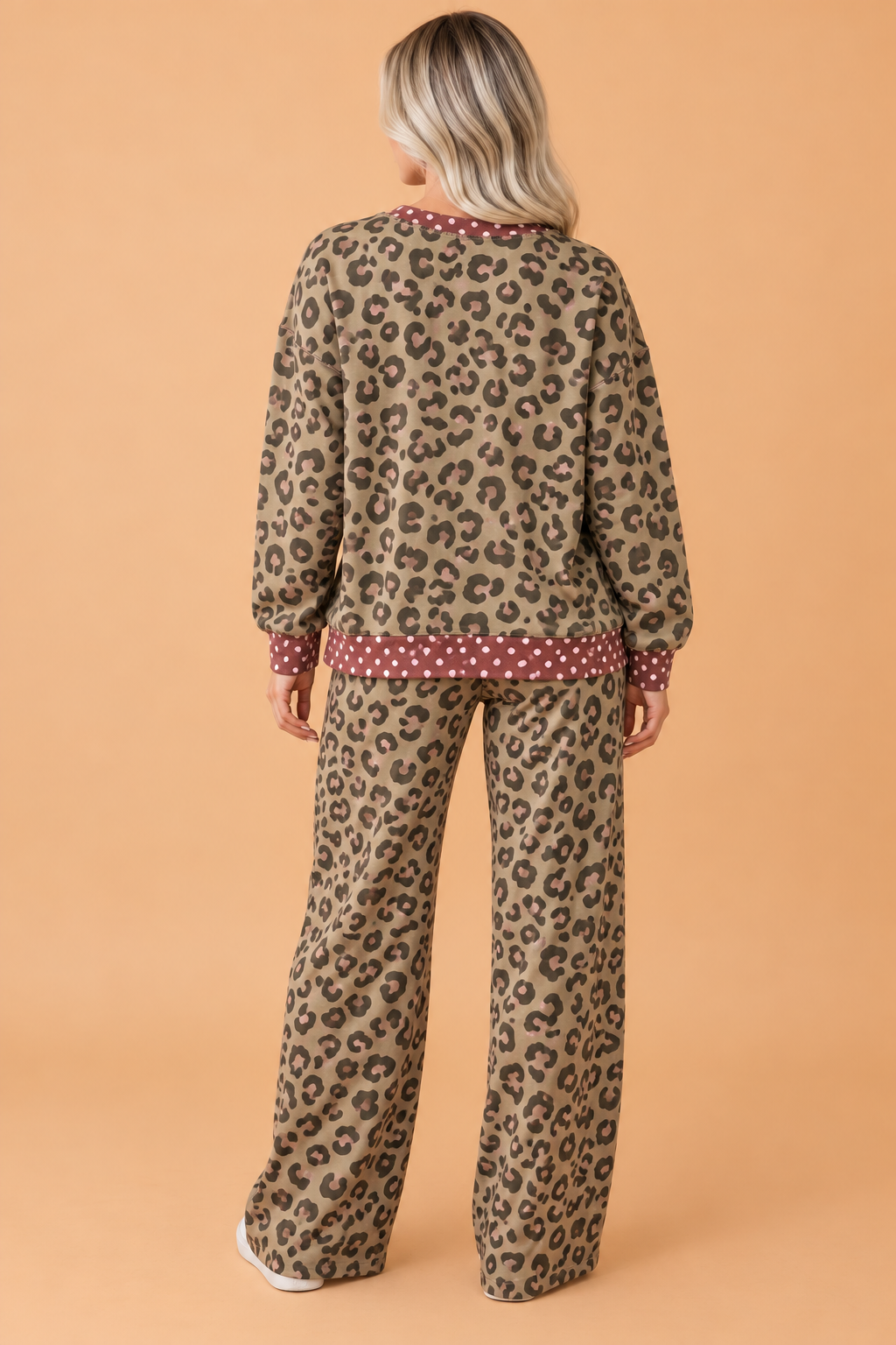 Leopard Polka Dot Colorblock Trim Top & Pants Set