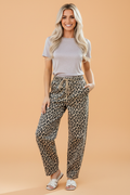 Leopard Denim Drawstring Waist Barrel Leg Pants