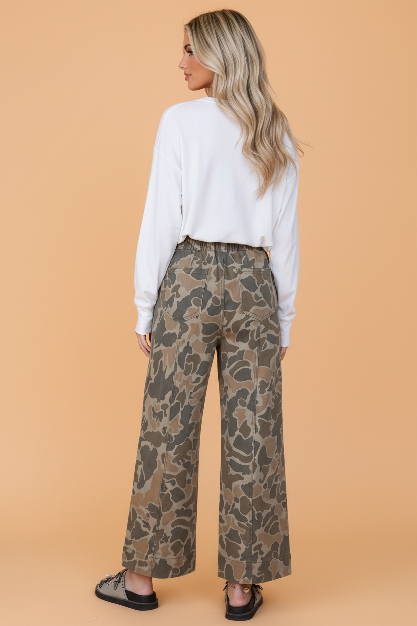 Camo Exposed Seam Drawstring Wide Leg Jeans