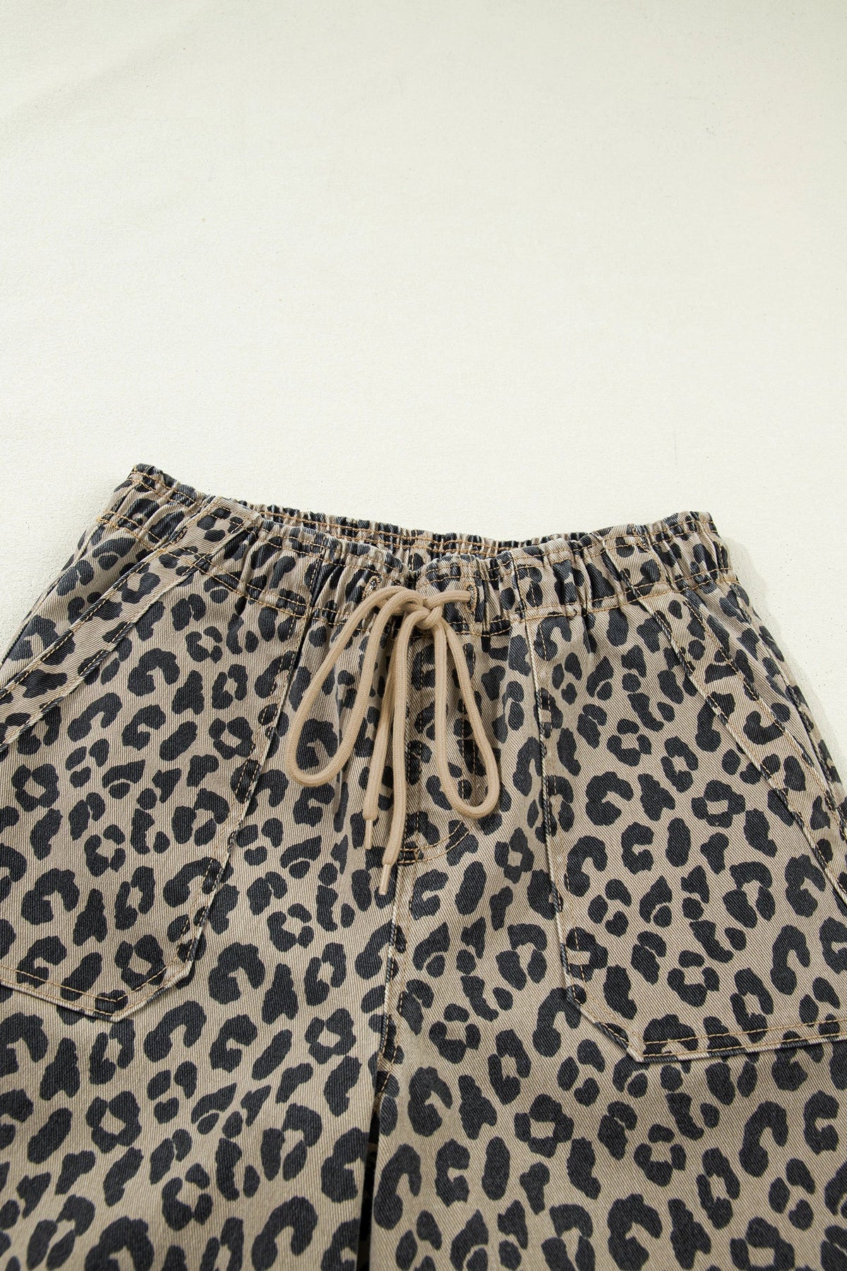 Leopard Denim Drawstring Waist Barrel Leg Pants