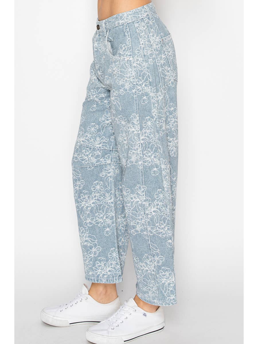 Floral Print Barrel Leg Jeans