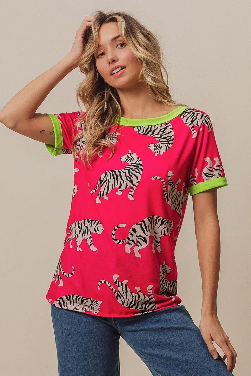 Big Tiger Print Jersey Contrast Ringer Top