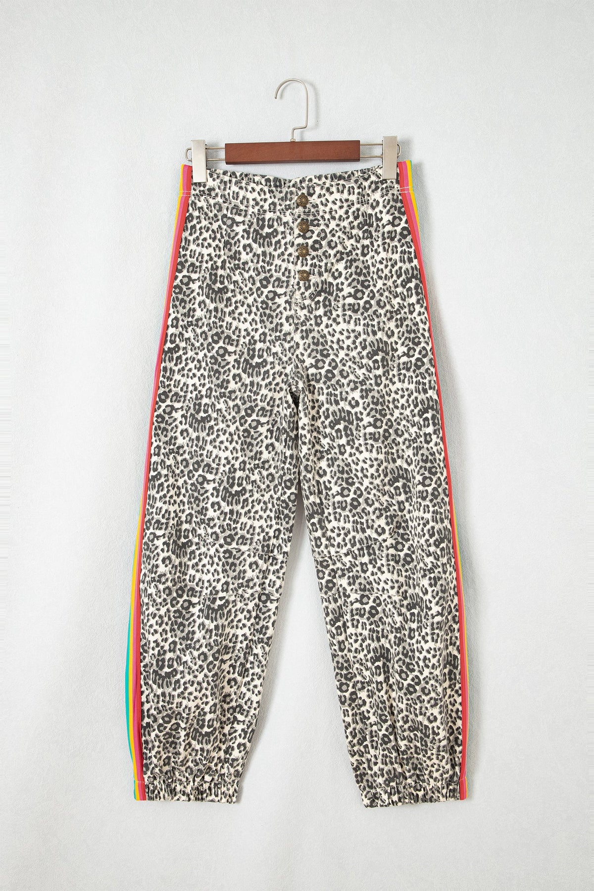 Brown Leopard Print Rainbow Striped Detail Buttoned Loose Jogger Jeans