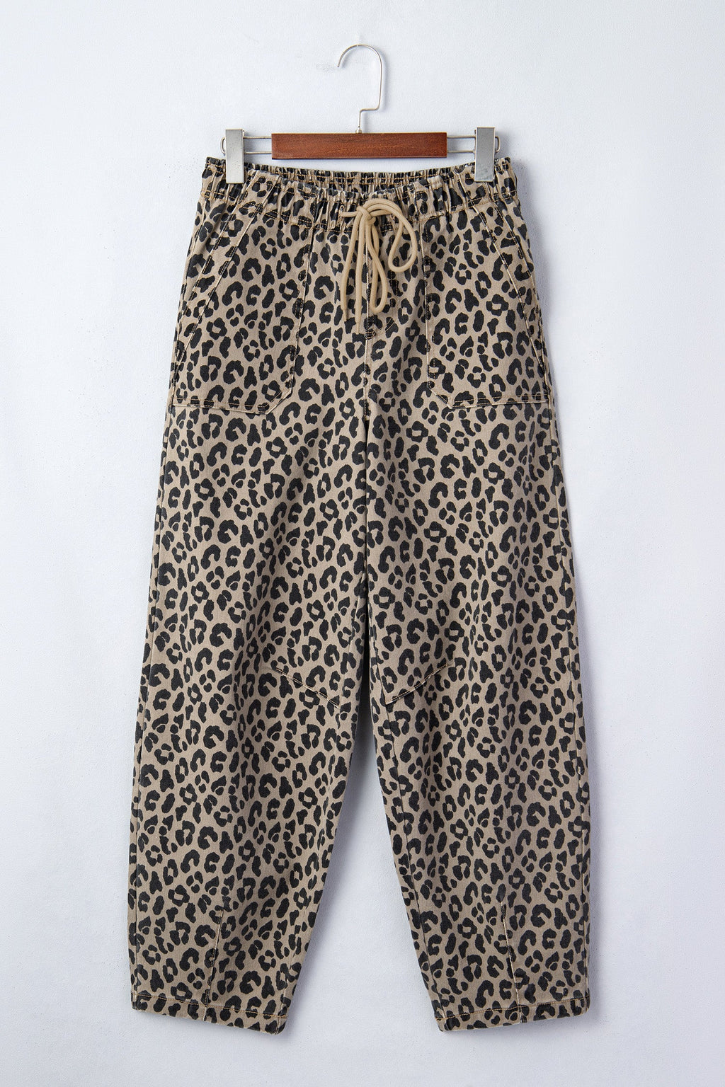 Leopard Denim Drawstring Waist Barrel Leg Pants